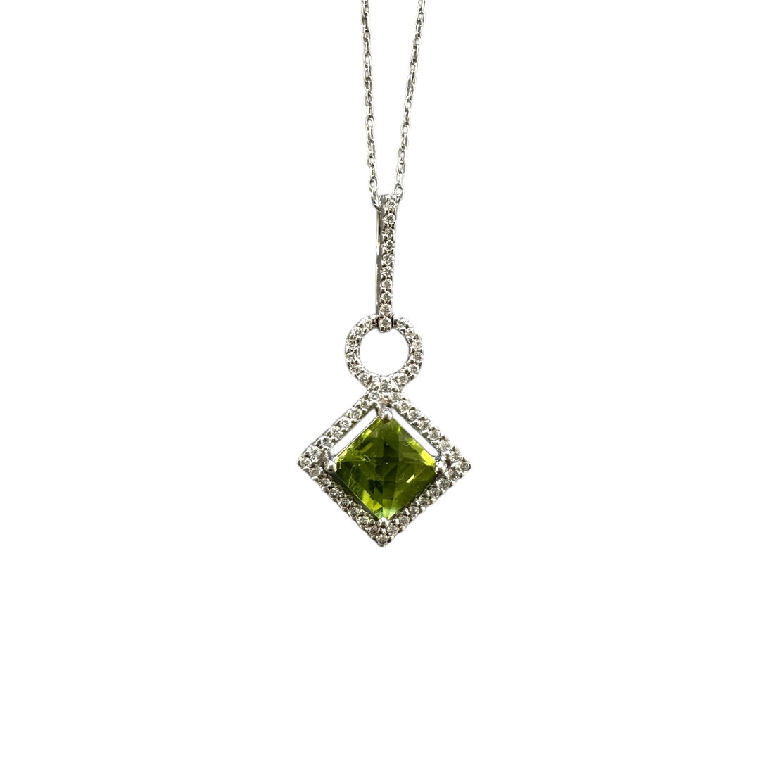 14 Karat White Gold, Peridot, Halo 1.00tcw Diamond Pendant