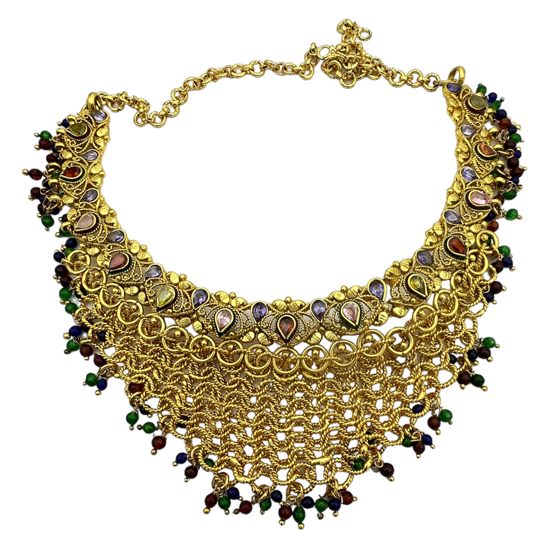 Egyptian Mesh, Jeweled Gem Colored Necklace 24kt Electroplated