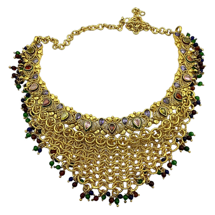 Egyptian Mesh, Jeweled Gem Colored Necklace 24kt Electroplated