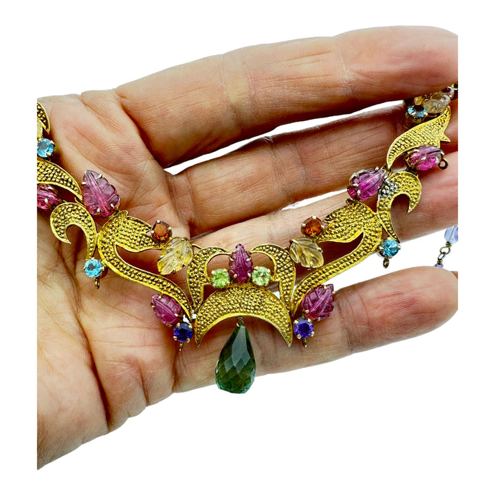 Egyptian Green Dangle Jeweled Leafing Gem Colored Necklace 24K Electroplated