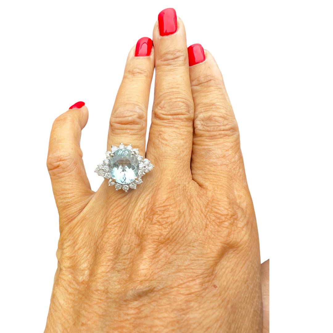 14k 8.83 Carat Aquamarine and Diamond Cocktail Ring