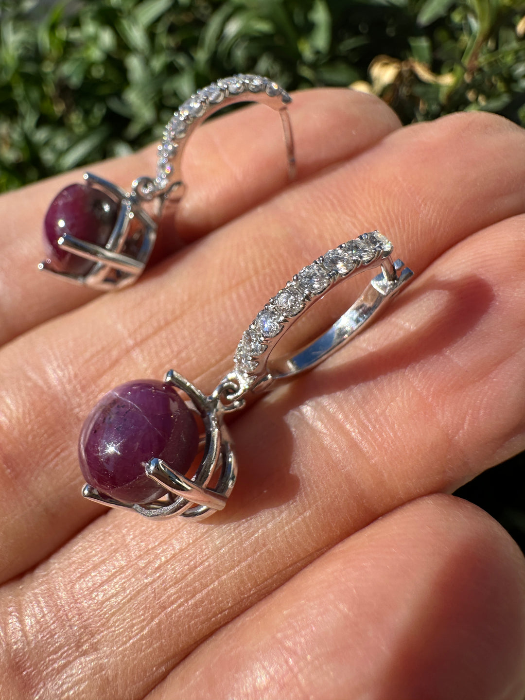 14kt 5cts Star Ruby, 1/3ct diamond hinge hoop earrings