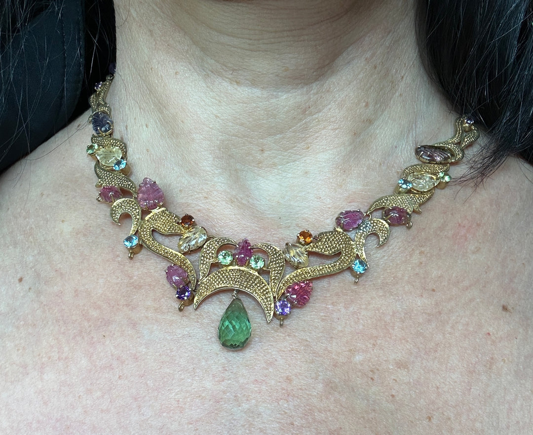 Egyptian Green Dangle Jeweled Leafing Gem Colored Necklace 24K Electroplated