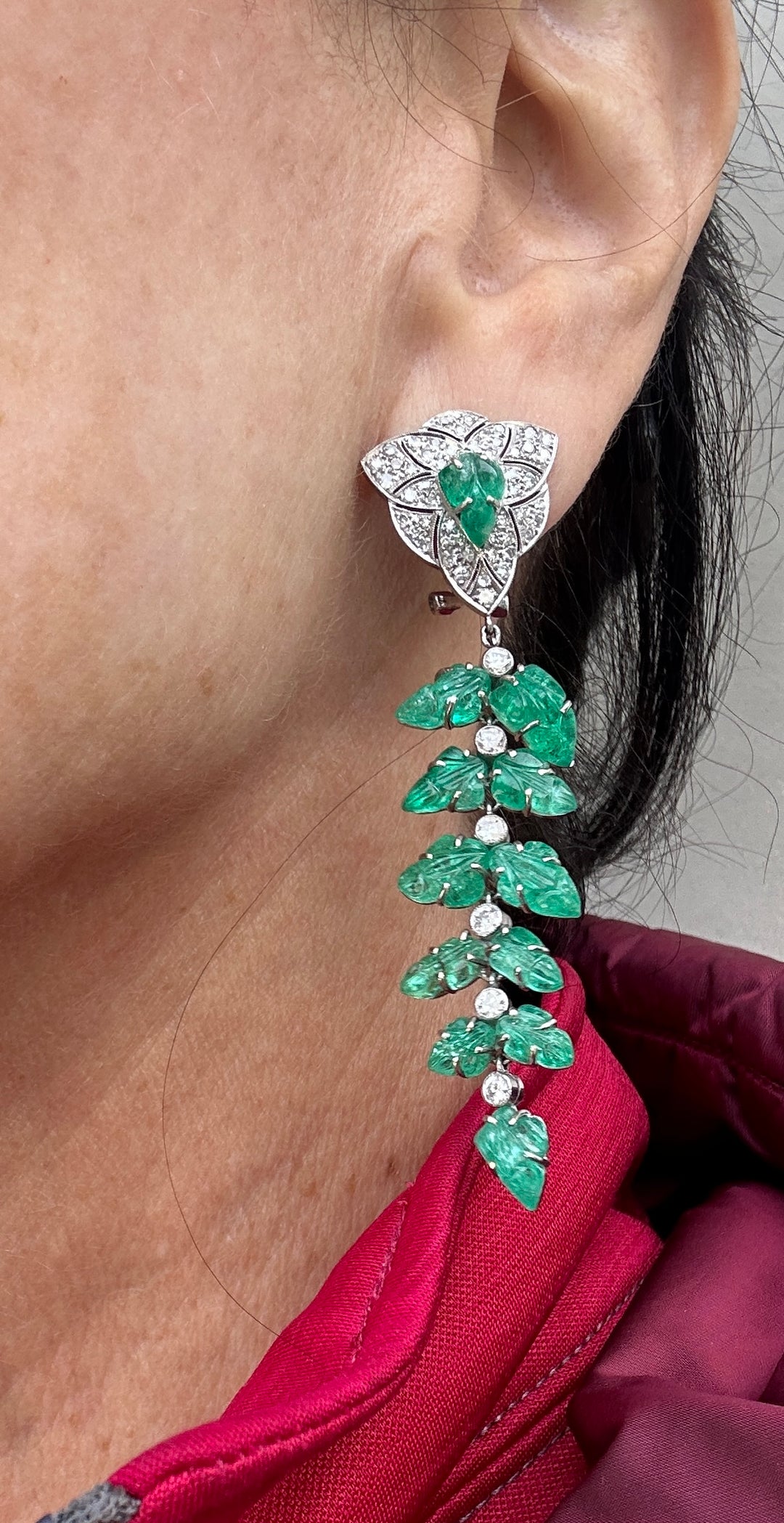 18Kt Diamond & Carved Emerald Foliate Drop Earrings