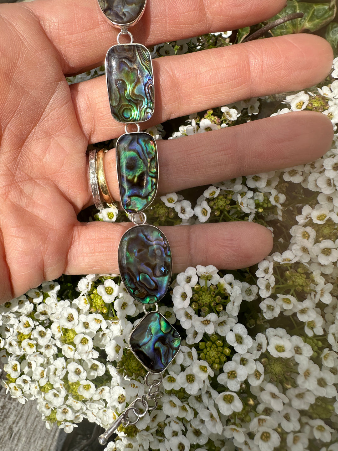 Sterling, Iridescent Opal Toggle Link Chain Bracelet