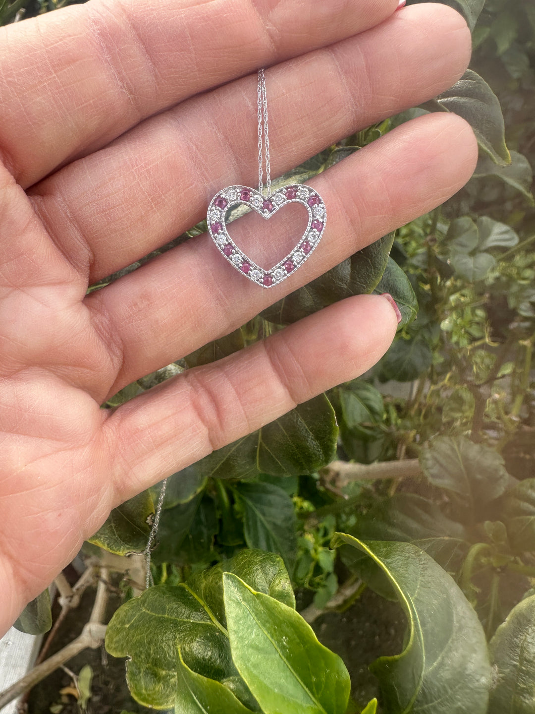 18kt .50 ct Diamond and Ruby Open Heart Pendant and Chain