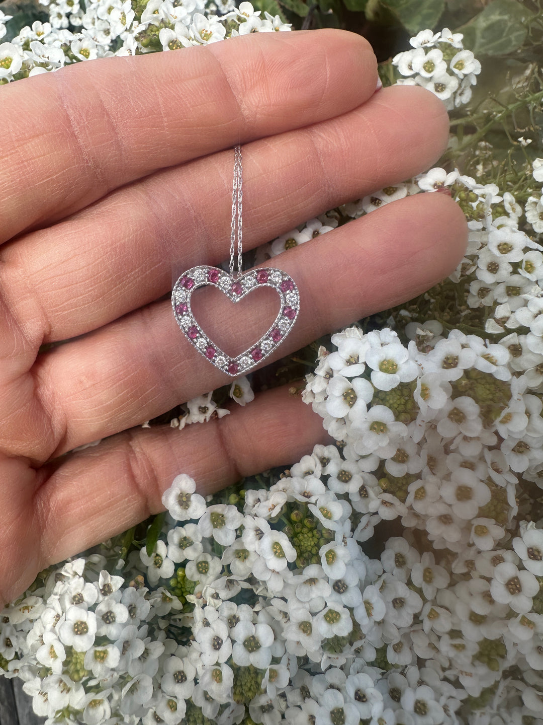 18kt .50 ct Diamond and Ruby Open Heart Pendant and Chain