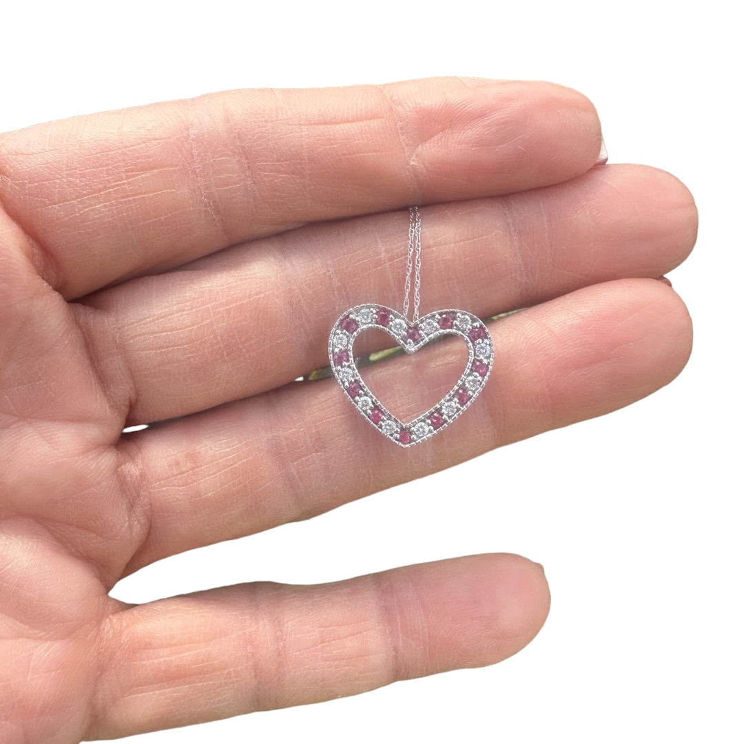18kt .50 ct Diamond and Ruby Open Heart Pendant and Chain