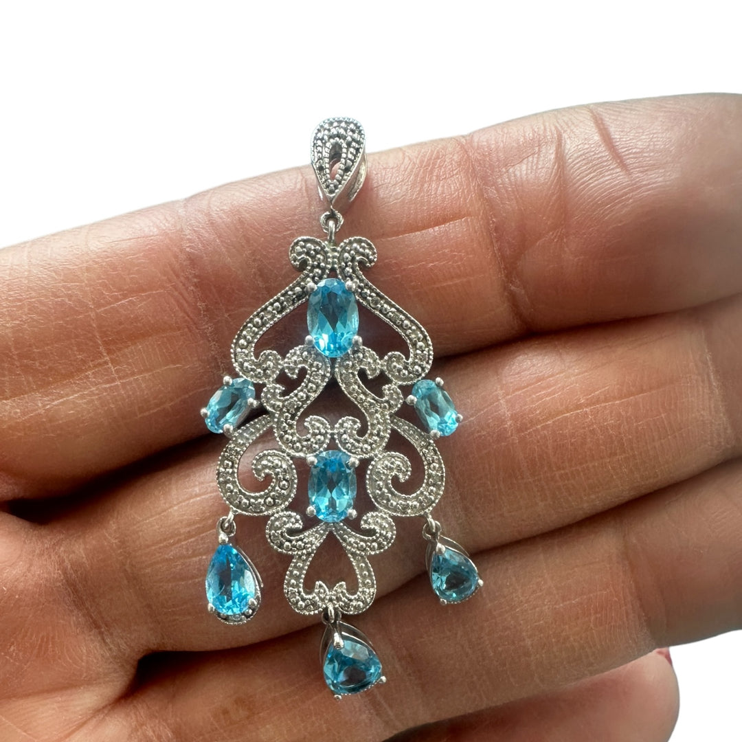 Blue Topaz Diamond Chandelier Pendant Sterling Silver 2”