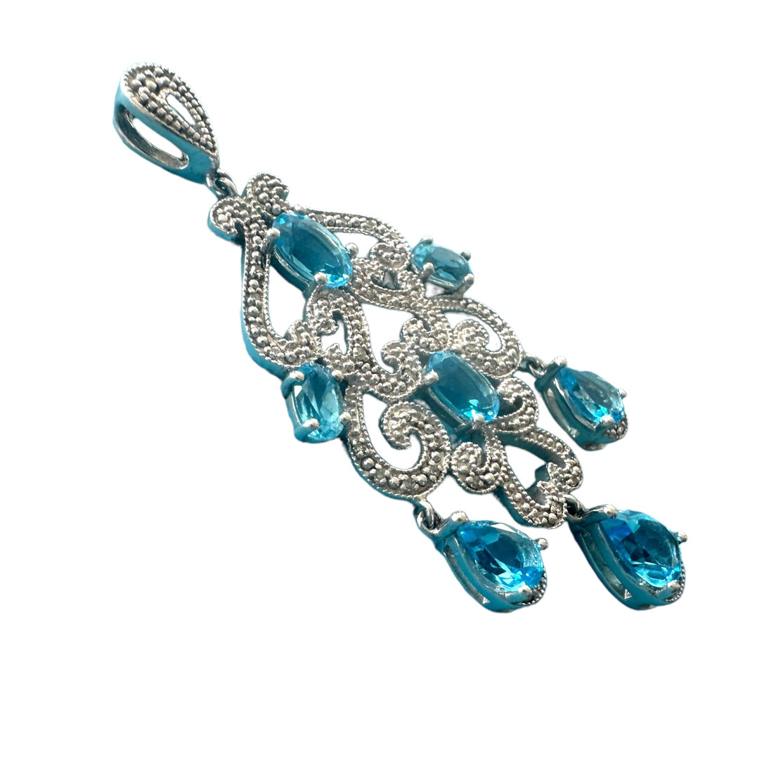Blue Topaz Diamond Chandelier Pendant Sterling Silver 2”