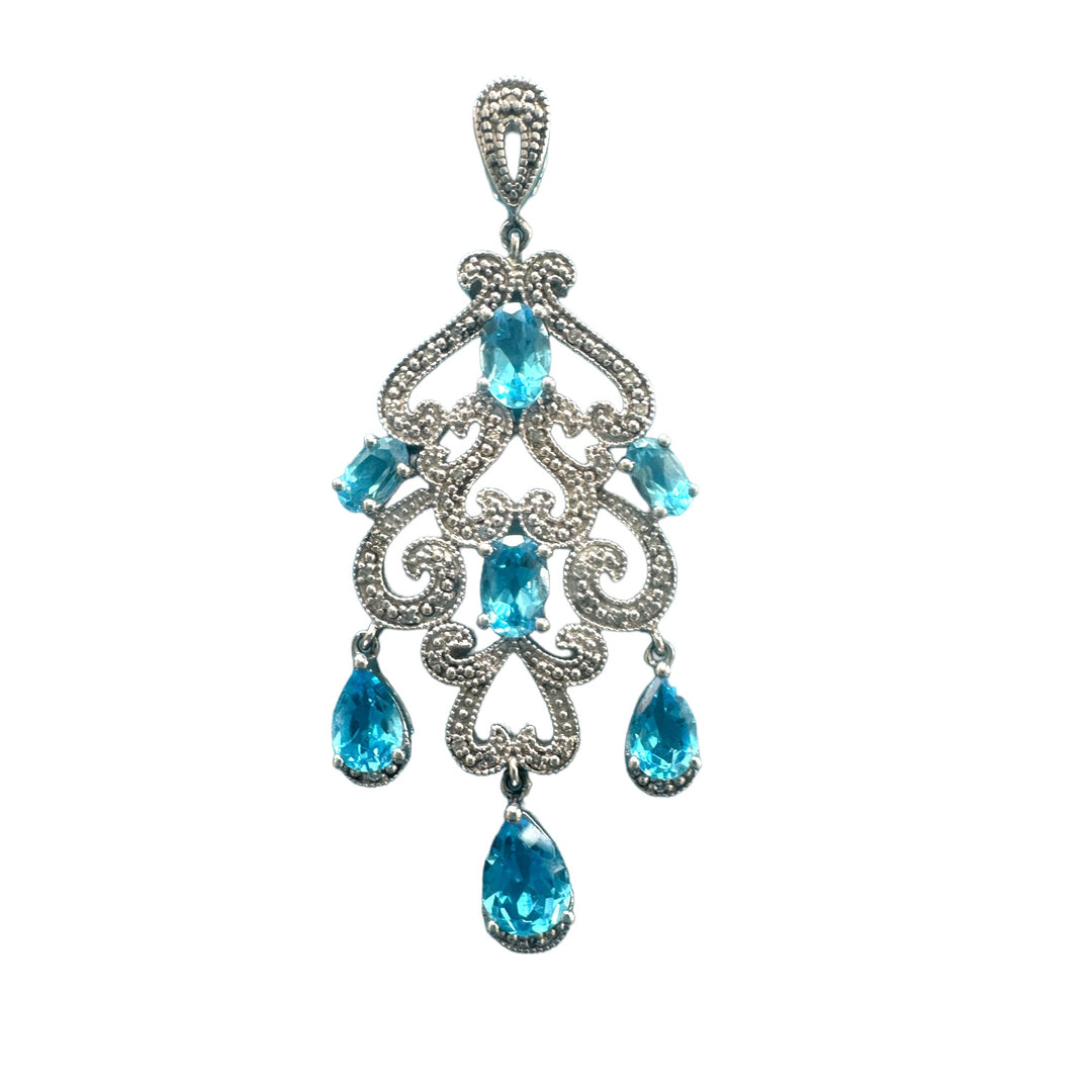 Blue Topaz Diamond Chandelier Pendant Sterling Silver 2”