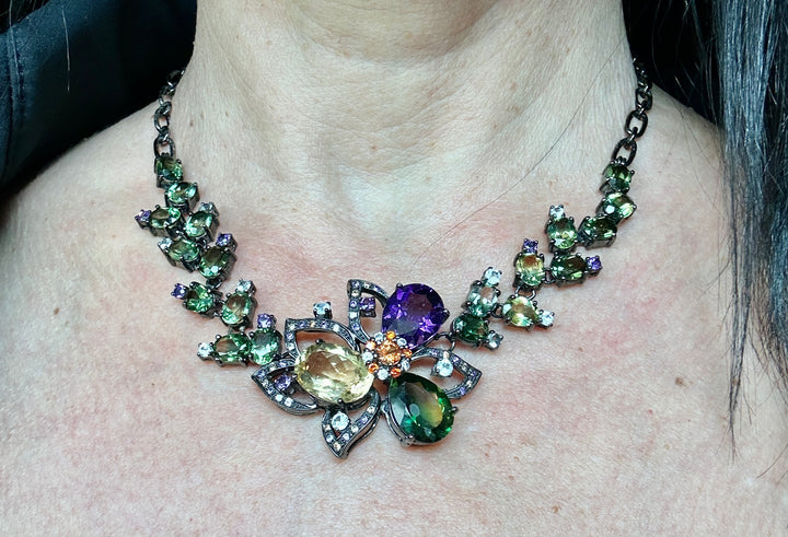 75 ct Colored Gemstone Necklace Black Sterling Silver White Sapphire Necklace