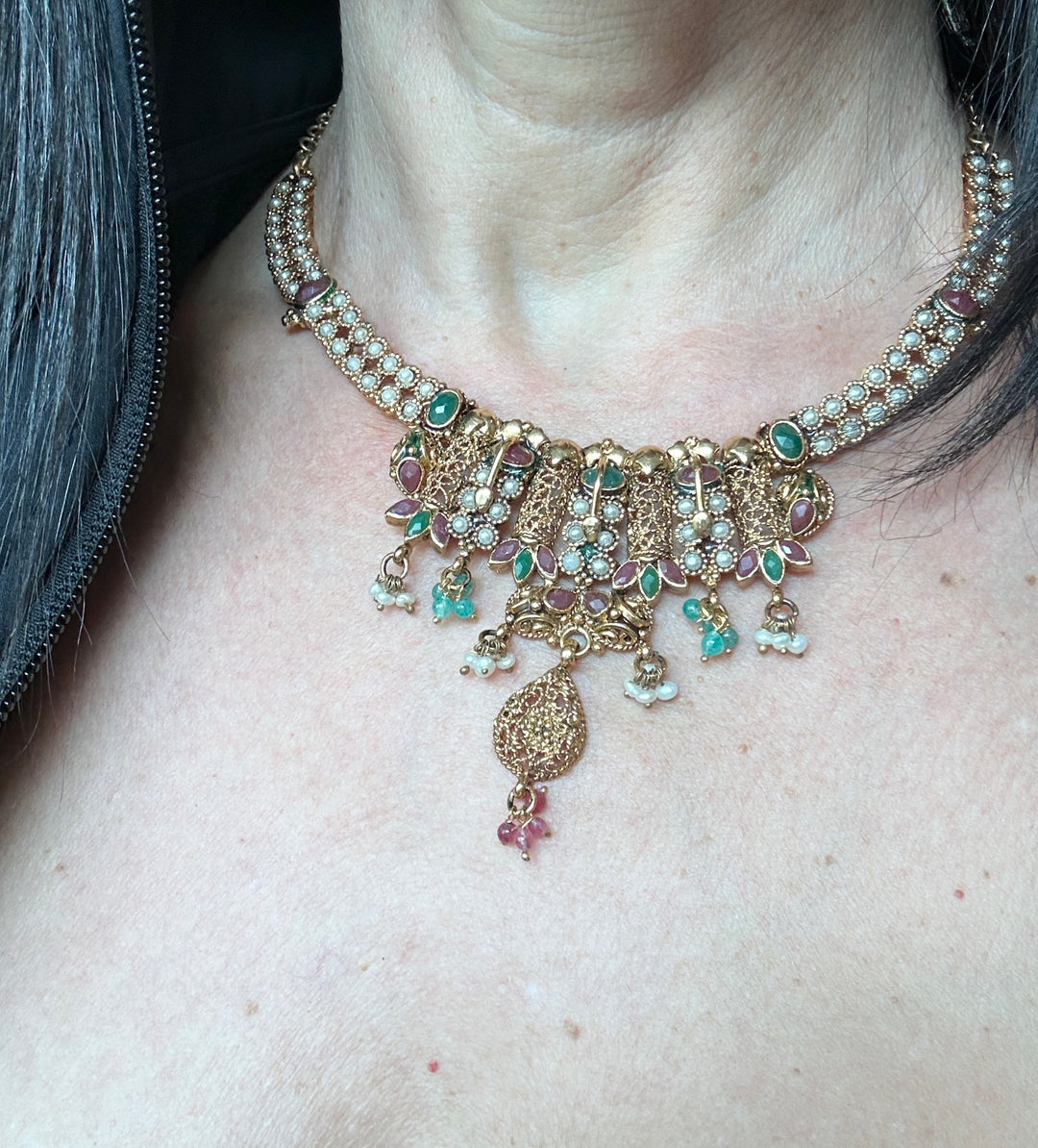 Egyptian Cleopatra, Jeweled Gem Necklace 24kt Yellow Gold Overlay