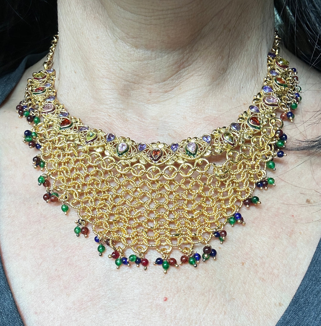 Egyptian Mesh, Jeweled Gem Colored Necklace 24kt Electroplated