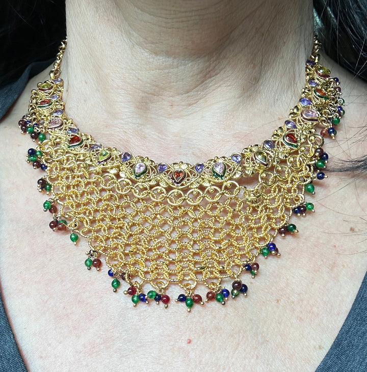 Egyptian Mesh, Jeweled Gem Colored Necklace 24kt Electroplated