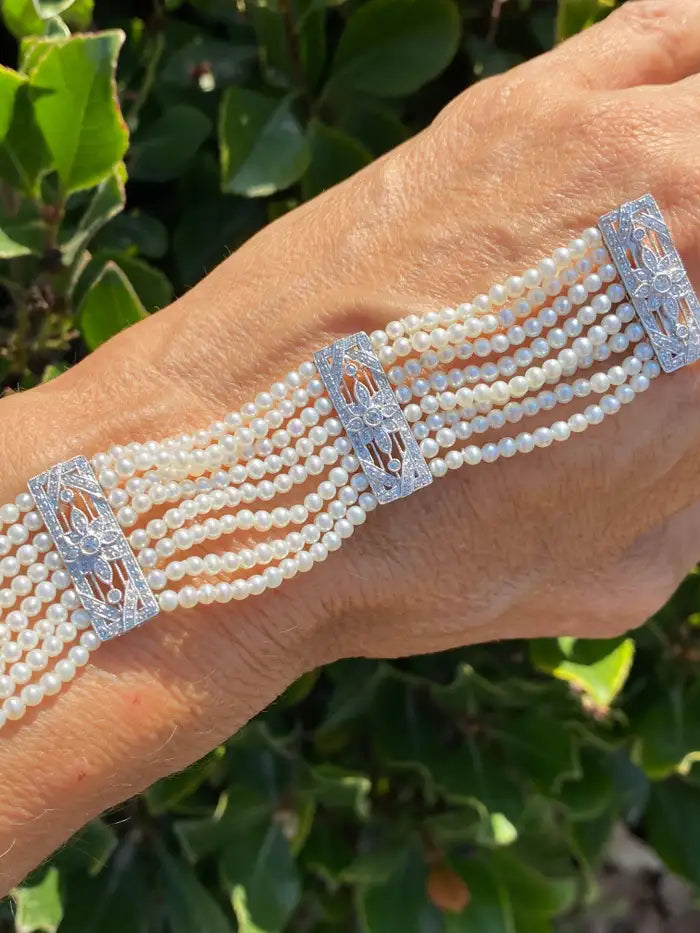 8 Strand Pearl and Diamond Bracelet Platinum AAA Quality VS F-G Color