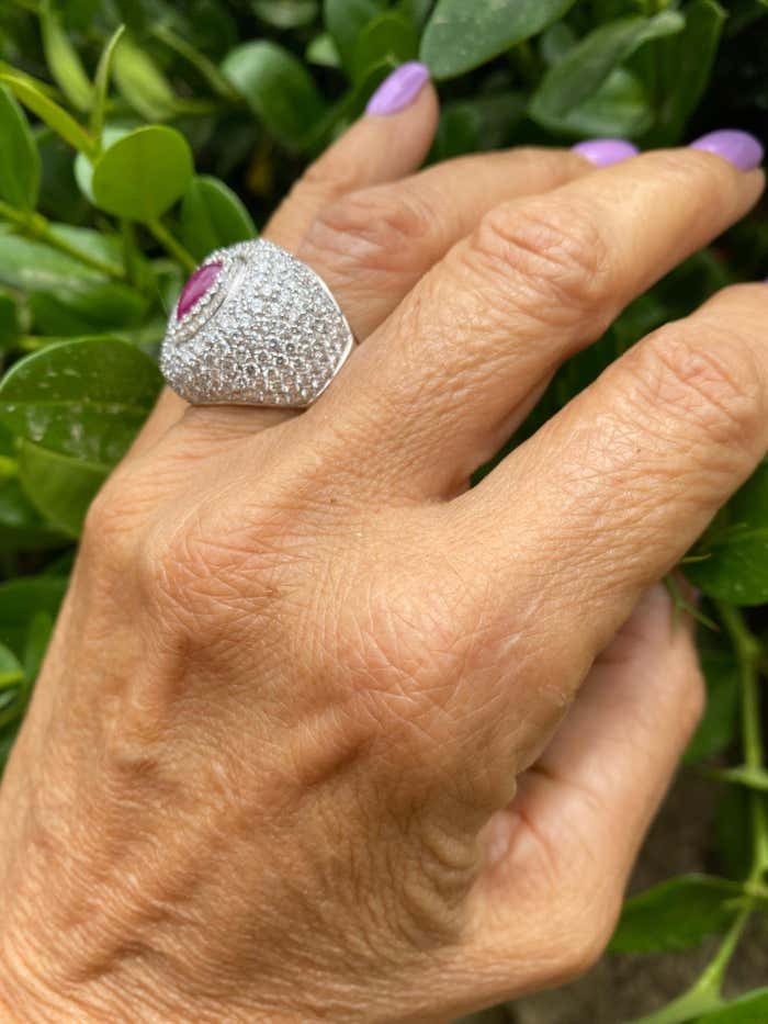 3.71 ct Ruby and 8 Carat Diamond Dome Ring 18kt White Gold