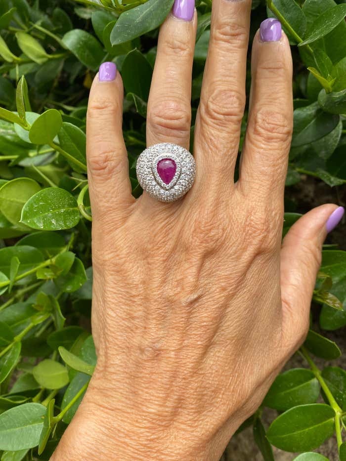 3.71 ct Ruby and 8 Carat Diamond Dome Ring 18kt White Gold