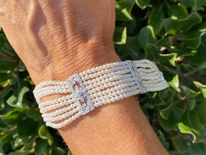 8 Strand Pearl and Diamond Bracelet Platinum AAA Quality VS F-G Color