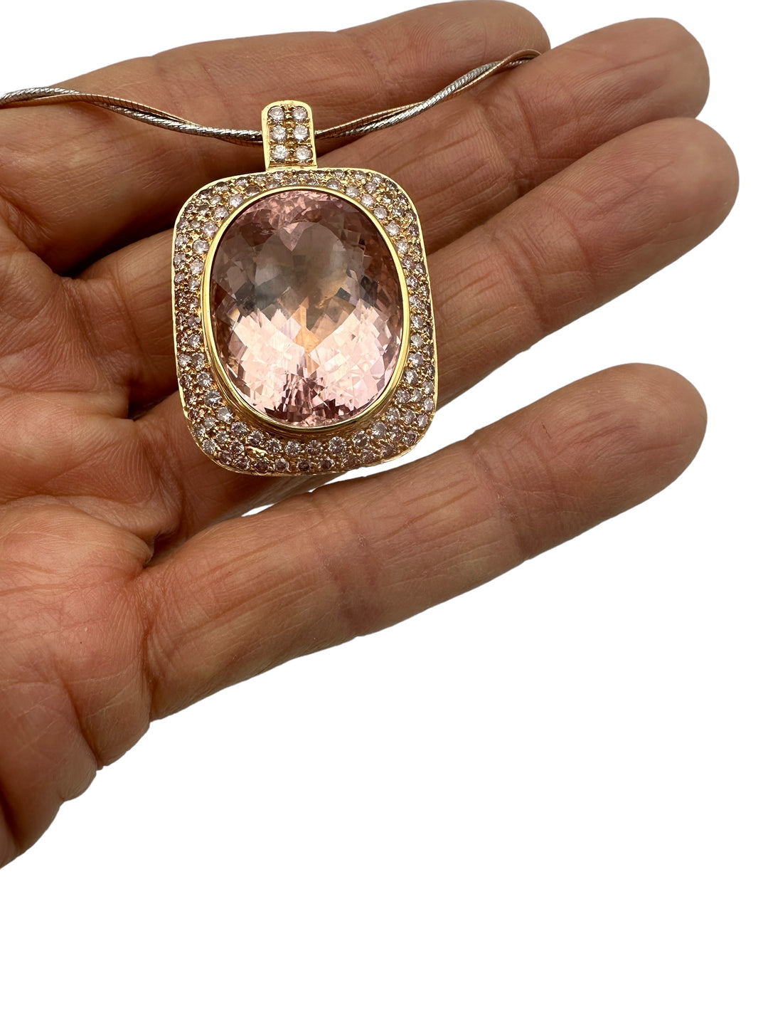 18Kt Rose gold 44.37ct Morganite and 4 ct Diamond Halo Necklace