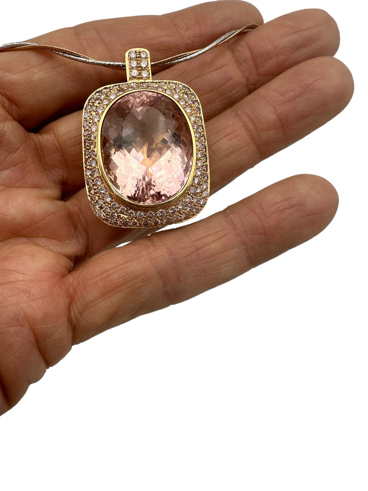 18Kt Rose gold 44.37ct Morganite and 4 ct Diamond Halo Necklace