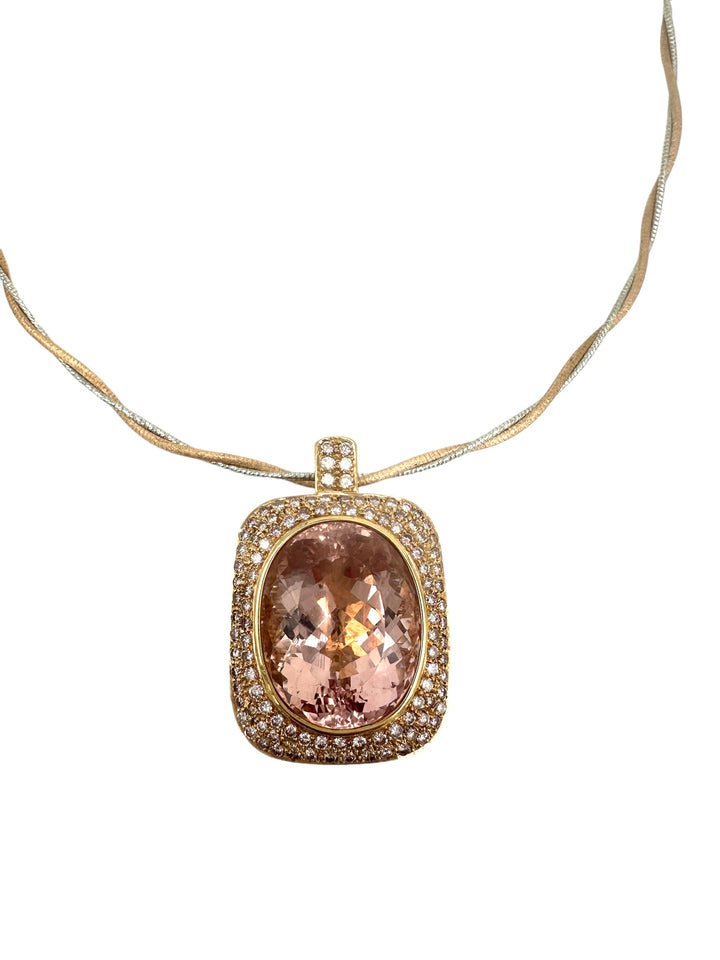 18Kt Rose gold 44.37ct Morganite and 4 ct Diamond Halo Necklace