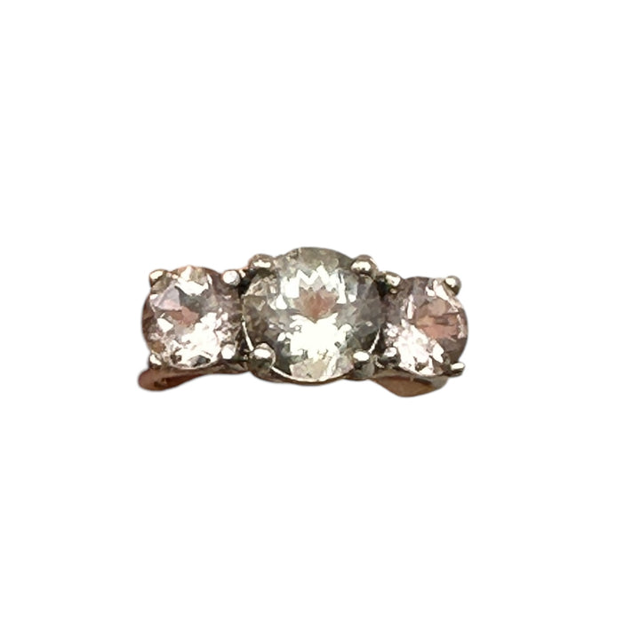 14kt Morganite and Prasiolite 3-stone Gemstone Ring 2.75 karat total weight 