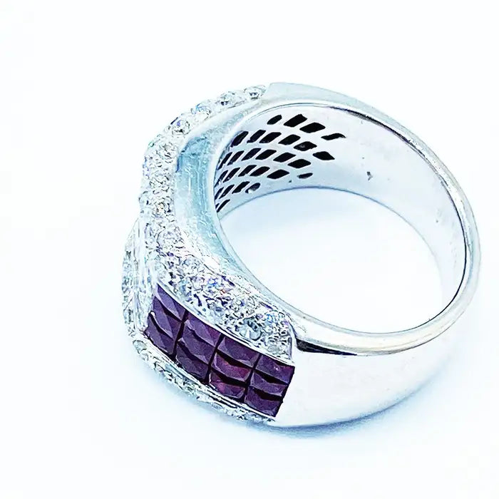 4.80 ctw Invisible Diamond and Burma Ruby Ring, 18 Kt White Gold