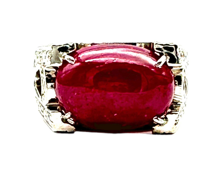 14 Karat White Gold 9ct Cabochon Ruby & Diamond Solitaire Ring