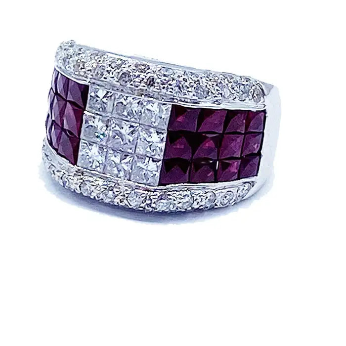 4.80 ctw Invisible Diamond and Burma Ruby Ring, 18 Kt White Gold