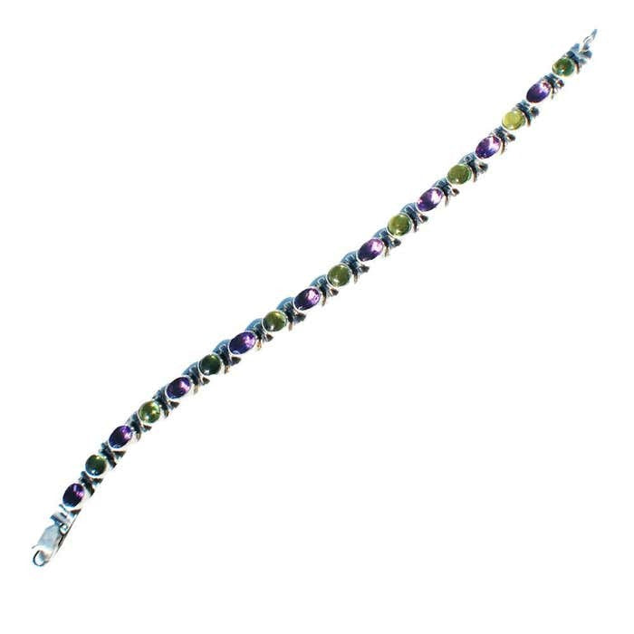 Amethyst and Green Stone Sterling Silver Link Bracelet
