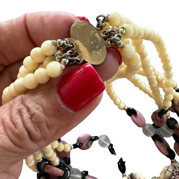 Ivory Colored & Pink Netsuke Chinese Ladys on Multi-Strand Rhodonite Necklace