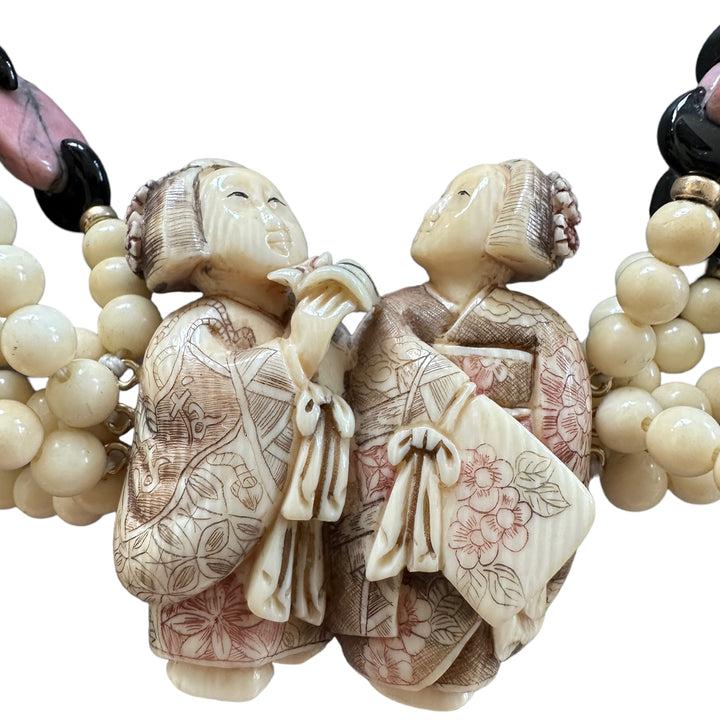 Ivory Colored & Pink Netsuke Chinese Ladys on Multi-Strand Rhodonite Necklace