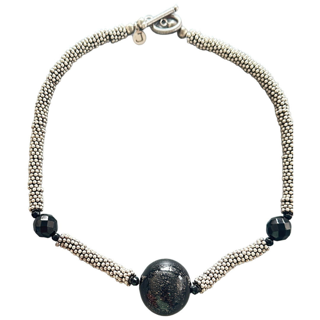 16" Black Bead Silver Choker Necklace