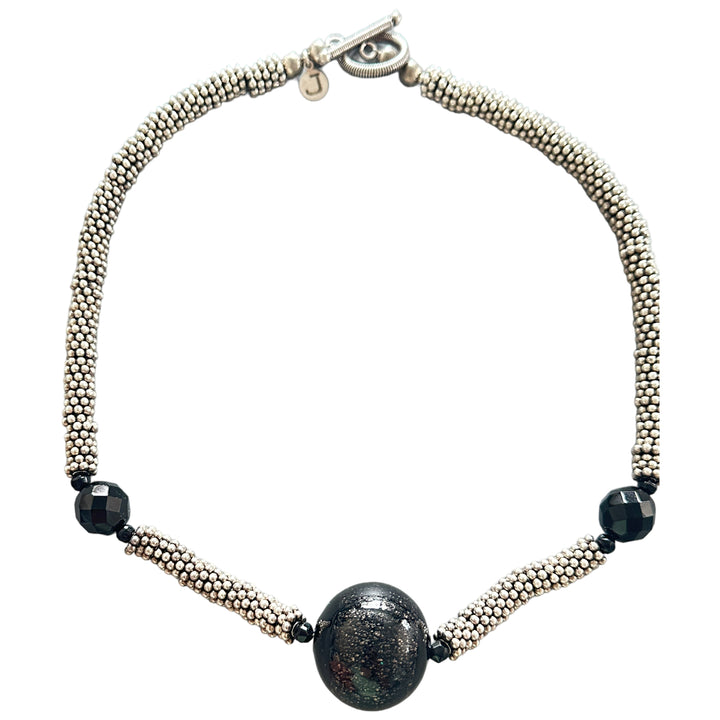 16" Black Bead Silver Choker Necklace