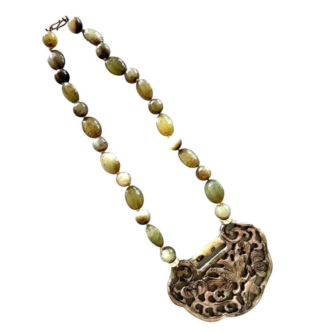 Dragonfly Jade Carved Emblem Statement Necklace with Green Beads