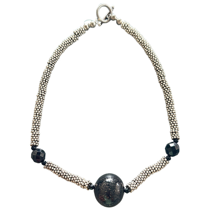 16" Black Bead Silver Choker Necklace