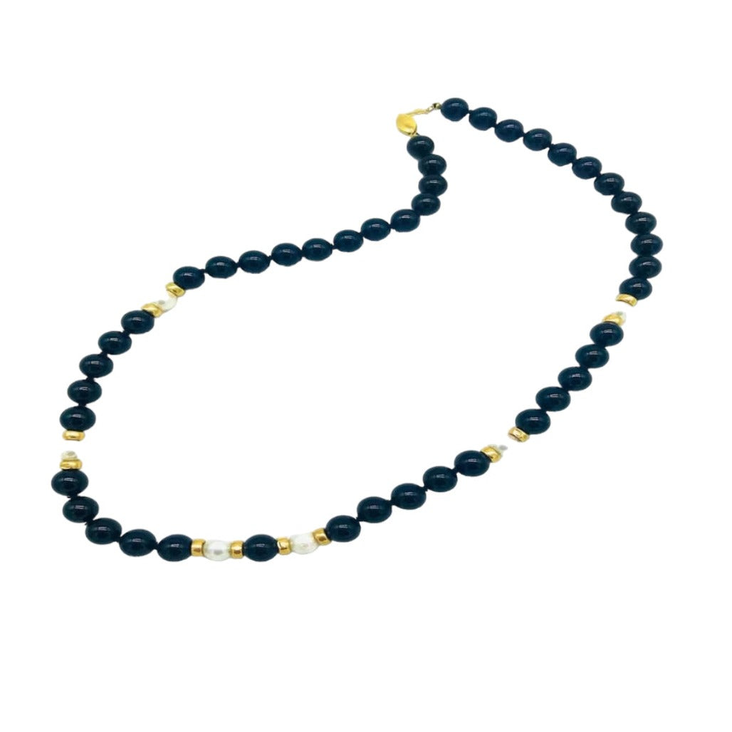 Black Onyx and Pearl Bead Necklace 14kt Bead 18"