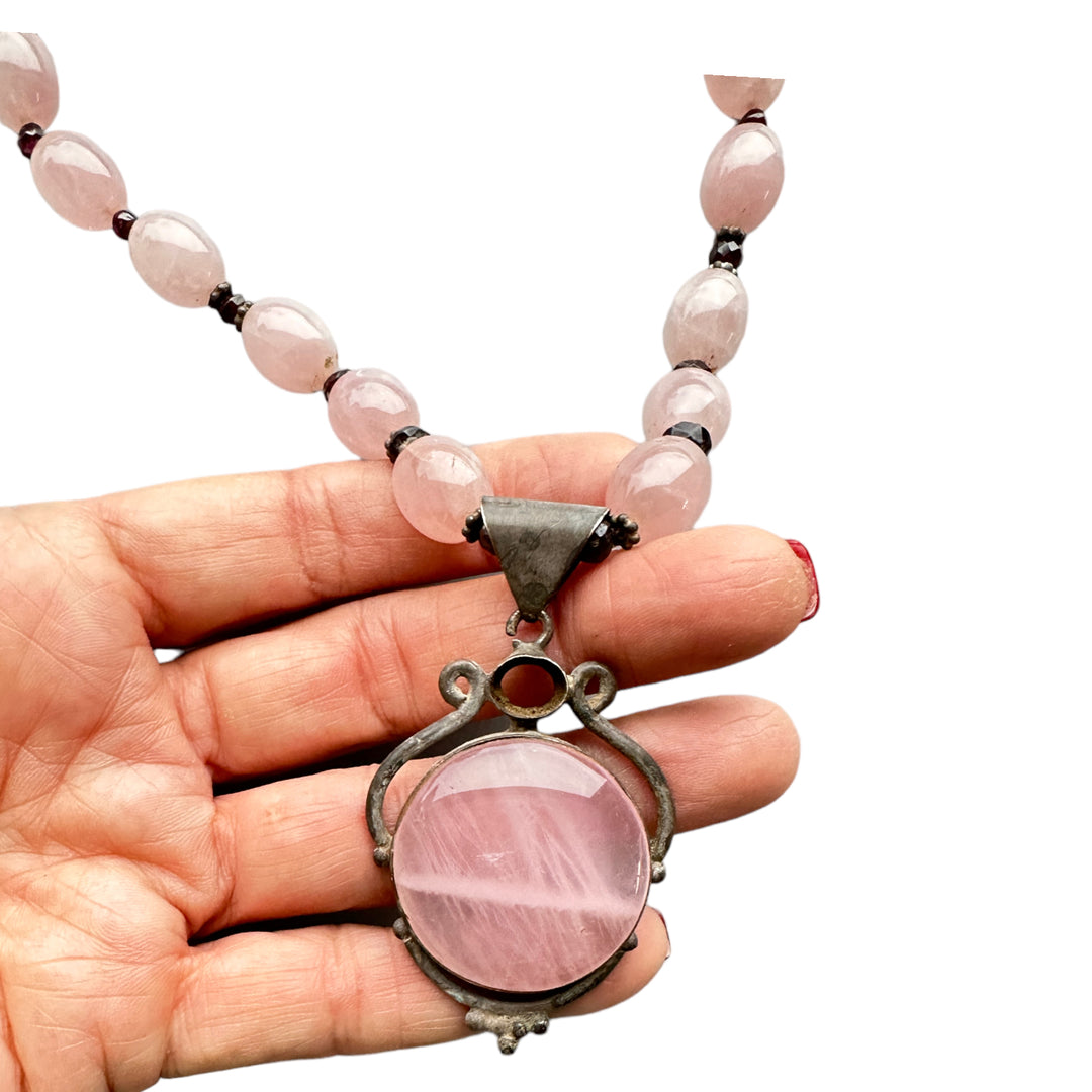 1980's Sterling Silver Rose Quartz Pendant & Beads