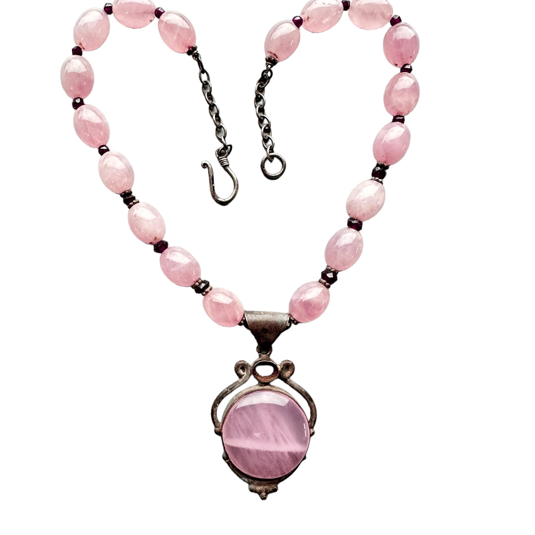 1980's Sterling Silver Rose Quartz Pendant & Beads