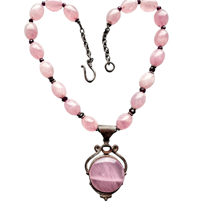 1980's Sterling Silver Rose Quartz Pendant & Beads