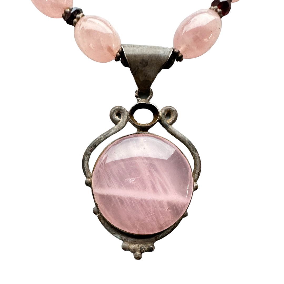 1980's Sterling Silver Rose Quartz Pendant & Beads