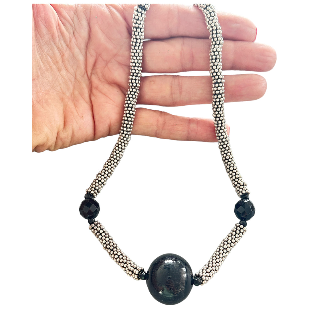 16" Black Bead Silver Choker Necklace