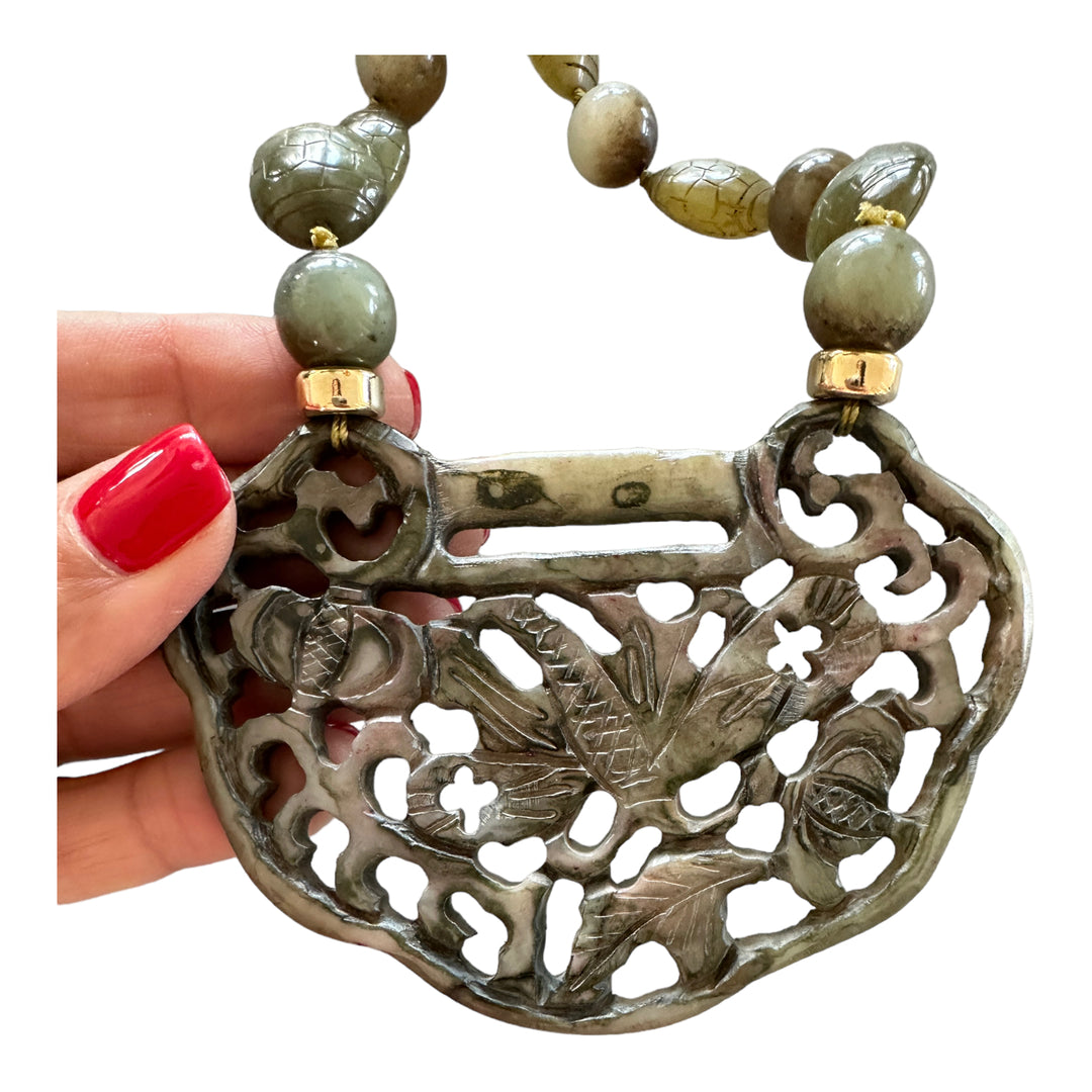 Dragonfly Jade Carved Emblem Statement Necklace with Green Beads