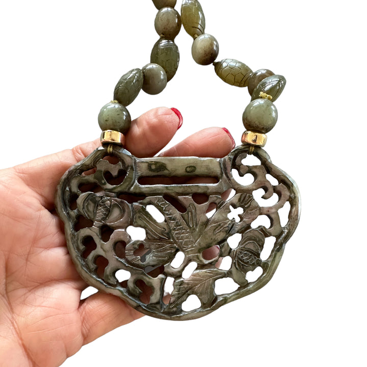 Dragonfly Jade Carved Emblem Statement Necklace with Green Beads