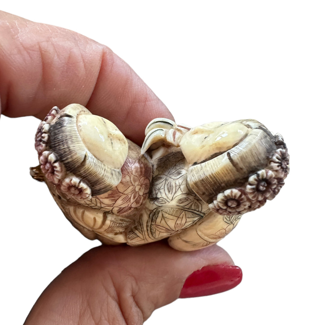 Ivory Colored & Pink Netsuke Chinese Ladys on Multi-Strand Rhodonite Necklace