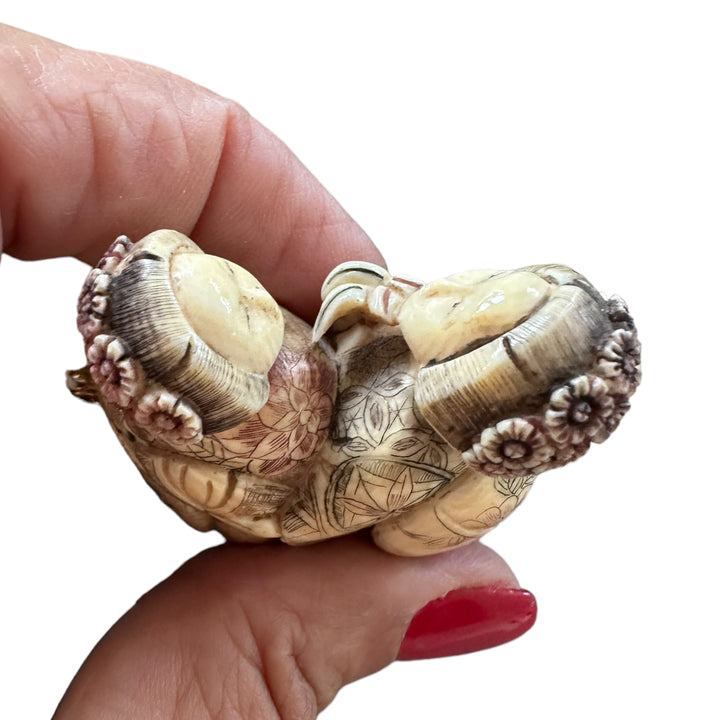 Ivory Colored & Pink Netsuke Chinese Ladys on Multi-Strand Rhodonite Necklace