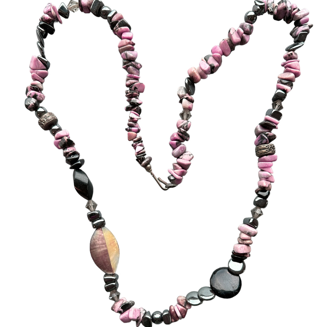 1980's Vintage Rhodonite Multi Colored Organic Chunky Bead Necklace 30"