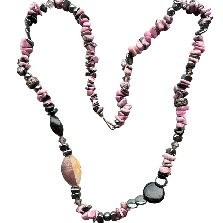 1980's Vintage Rhodonite Multi Colored Organic Chunky Bead Necklace 30"
