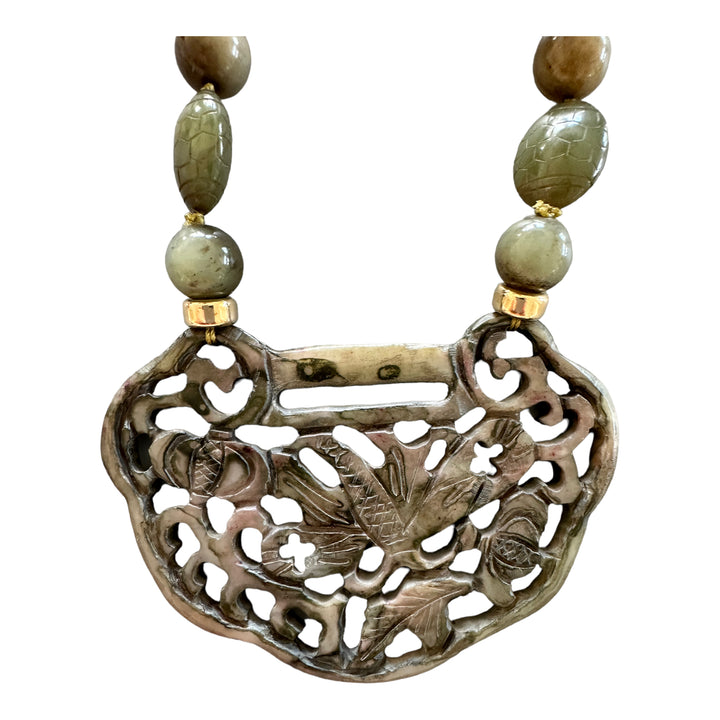 Dragonfly Jade Carved Emblem Statement Necklace with Green Beads